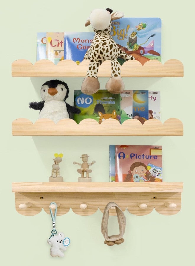 icnjdMopclean Nursery Shelves for Wall with Hooks-Scalloped Wall Book Shelves for Bedroom Kids Set of 3, Nursery Furniture Must Have, 16 Inch, Natural - Image 1