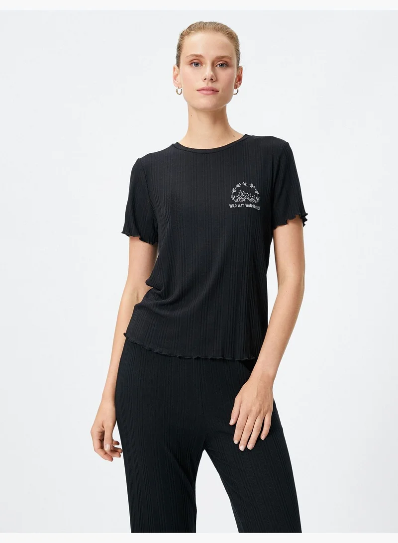 كوتون Crew Neck Short Sleeve Slogan Embroidered Pyjama Top