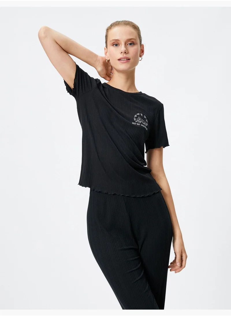 كوتون Crew Neck Short Sleeve Slogan Embroidered Pyjama Top