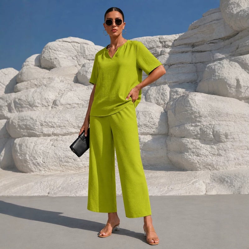 Women's Solid Color V-Neck Short Sleeve Top and Wide Leg Pants Set - Image 2