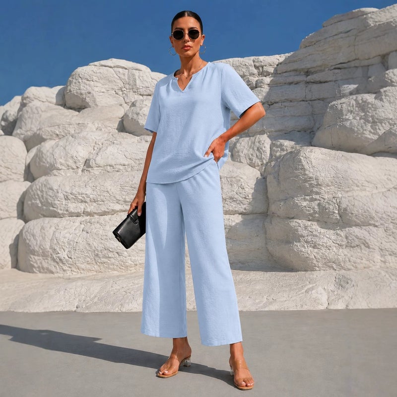 Women's Solid Color V-Neck Short Sleeve Top and Wide Leg Pants Set - Image 1