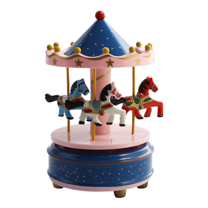 AUEAR Vintage Pink Blue Carousel Music Box Round Clockwork Mechanism for Birthday