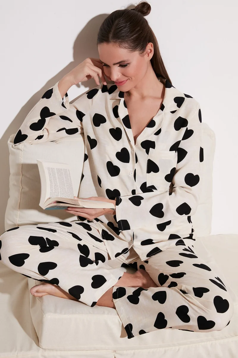 Lela Patterned Waist Elastic Pocket Detailed Shirt Collar Woven Pajama Set Women's Pajama Set 6110116