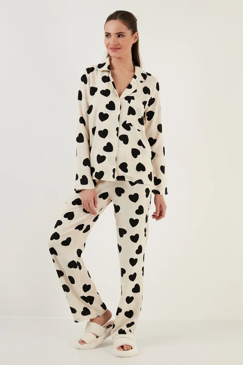 Lela Patterned Waist Elastic Pocket Detailed Shirt Collar Woven Pajama Set Women's Pajama Set 6110116