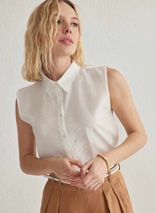 trendyol White Zero Sleeve Linen Look Regular Regular Pattern Woven Shirt - Image 2