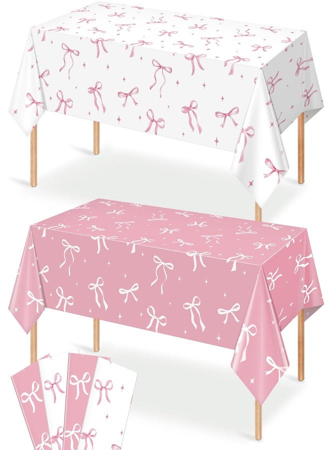 KEASKELL 4Pcs Coquette Party Tablecloths Decorations,Pink and White Bow Plastic Table Cover Disposable Rectangle Table Cloth for Girls Birthday Bridal Wedding Baby Shower Party Supplies,54x108 Inch - Image 1