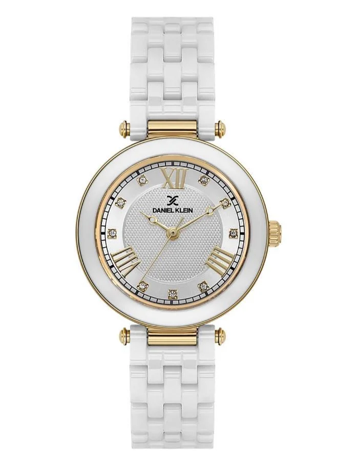 DANIEL KLEIN Women's Ceramic Band Gold Steel Case Analog Silver Round Emboss Dial Japanese Quartz Premium 30 Meters Water Resistant