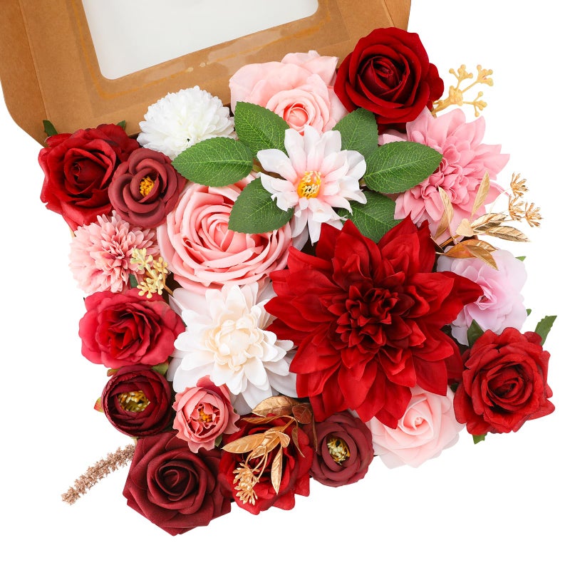 Floweroyal Artificial Flowers Combo Red Flowers Mix Silk Flowers Dahlia Roses with Stems for DIY Wedding Bridal Bouquets, Baby Shower, Floral Arrangement, Table Centerpieces, Home Decorations. - Image 1