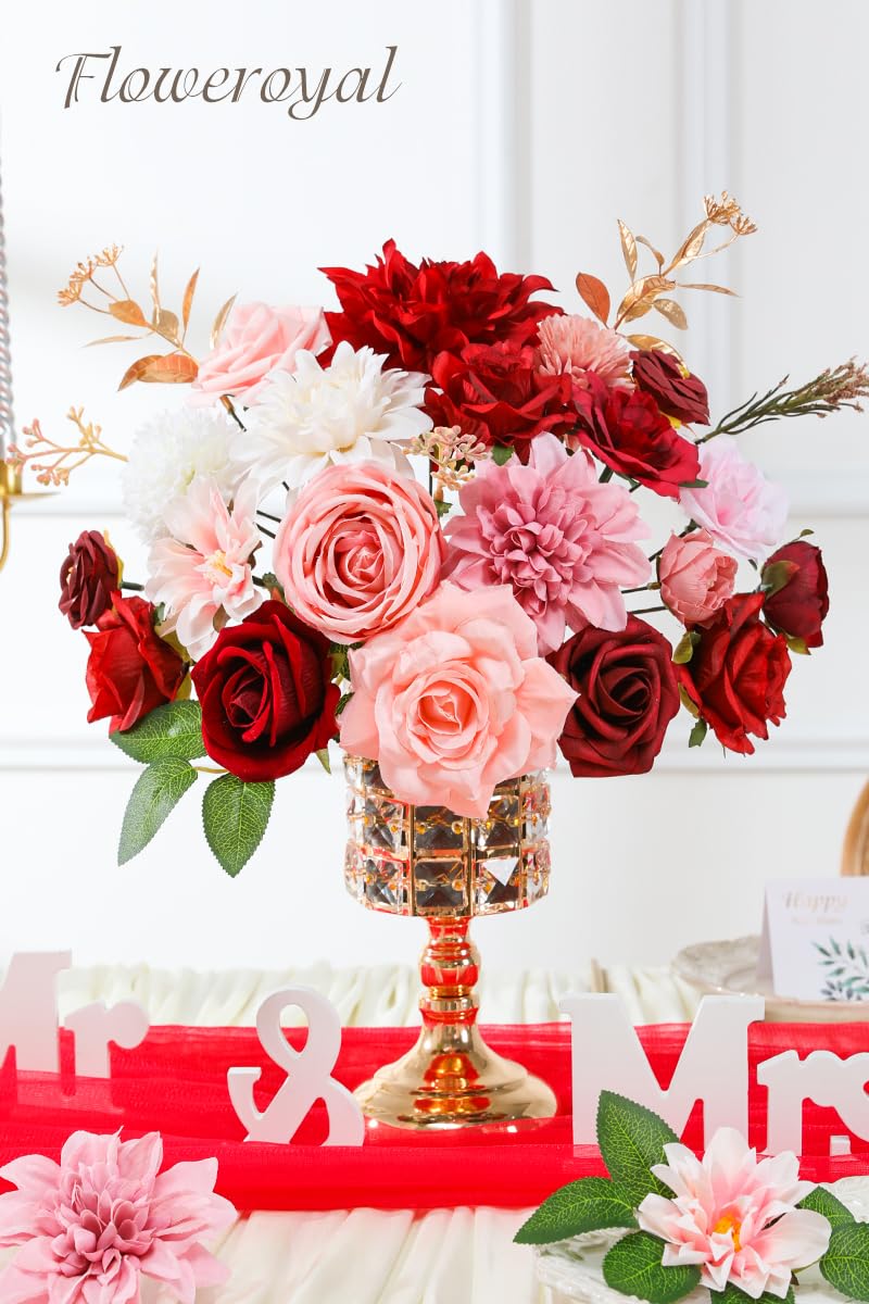 Floweroyal Artificial Flowers Combo Red Flowers Mix Silk Flowers Dahlia Roses with Stems for DIY Wedding Bridal Bouquets, Baby Shower, Floral Arrangement, Table Centerpieces, Home Decorations. - Image 3