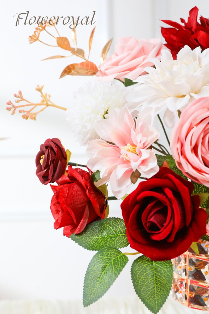 Floweroyal Artificial Flowers Combo Red Flowers Mix Silk Flowers Dahlia Roses with Stems for DIY Wedding Bridal Bouquets, Baby Shower, Floral Arrangement, Table Centerpieces, Home Decorations. - Image 2