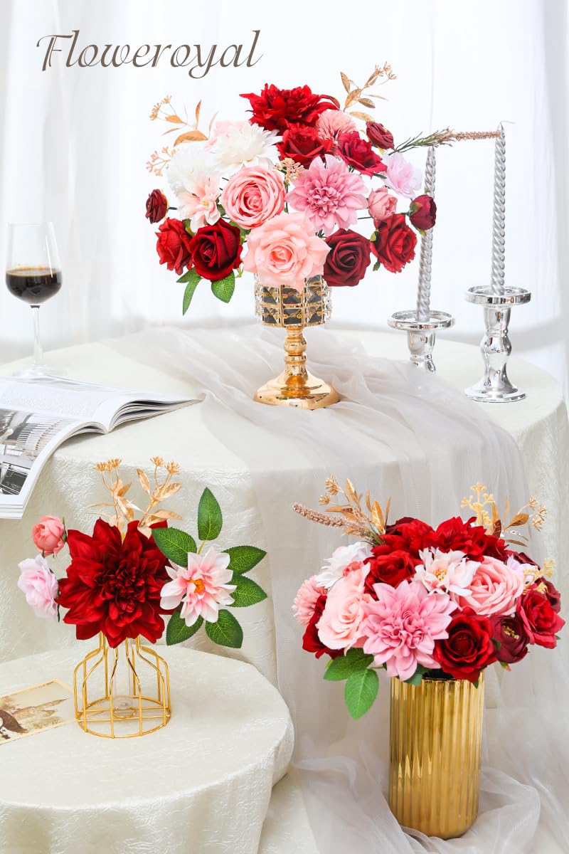 Floweroyal Artificial Flowers Combo Red Flowers Mix Silk Flowers Dahlia Roses with Stems for DIY Wedding Bridal Bouquets, Baby Shower, Floral Arrangement, Table Centerpieces, Home Decorations. - Image 4