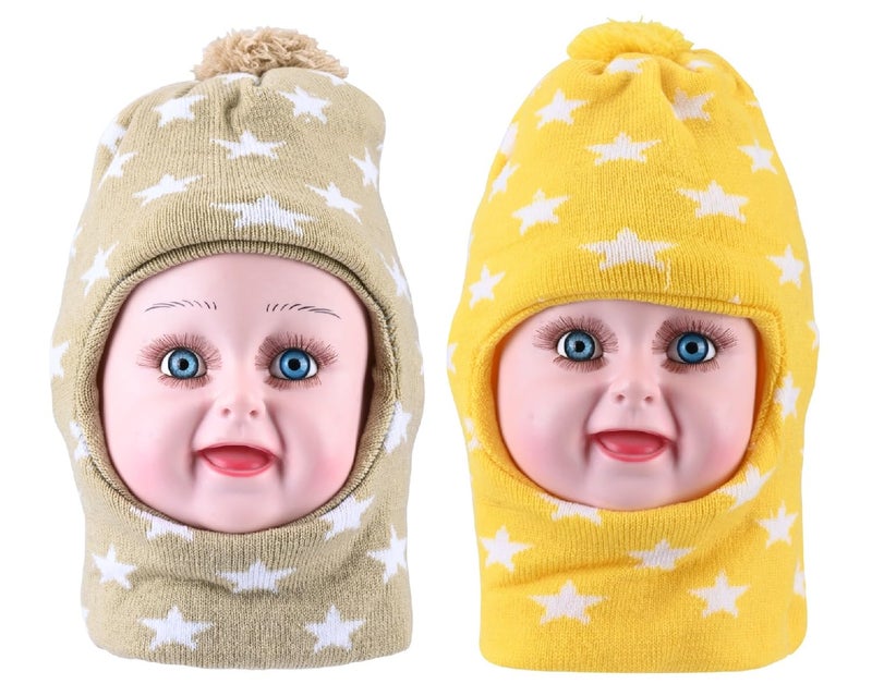 Queen Style Cute Woolen Monkey Caps for Boys and Girls (Fit for Age 2-5 Years- Pack of 2) (in, Age, 2 Years, 5 Years, Beige and Yellow) - Image 1