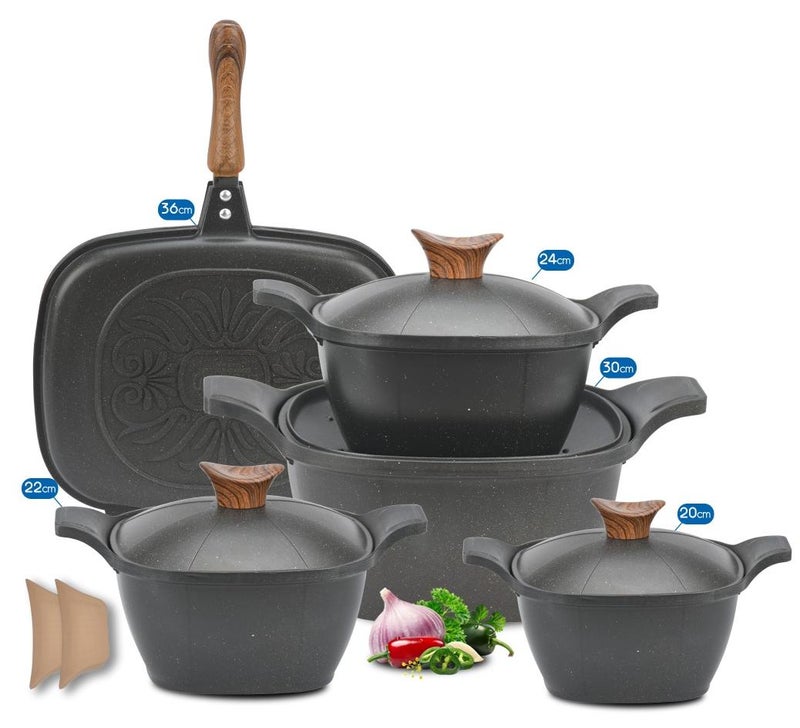 New Klein Design Korean Granite Set, Square 9 (4 Pots (20 - 22 - 24 - 30) + Double Grill 36) Black