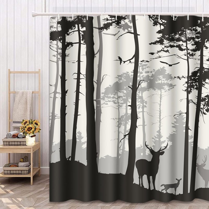 Semtomn Decorative Shower Curtain Silhouette of Pine Forest Family Deer and Birds Brown 72x72 Waterproof Tree Bathroom Shower Curtain Set with Hooks
