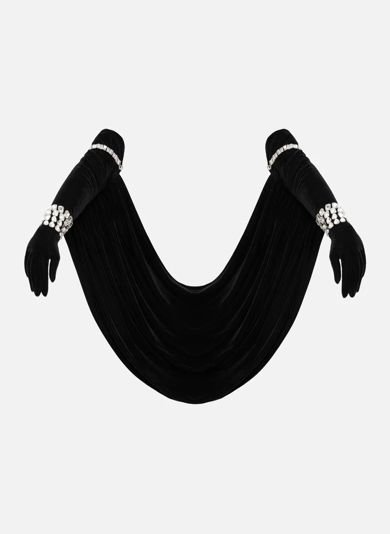 ليتشي قفازات مخملية مع ديكور كريستالي ووشاح