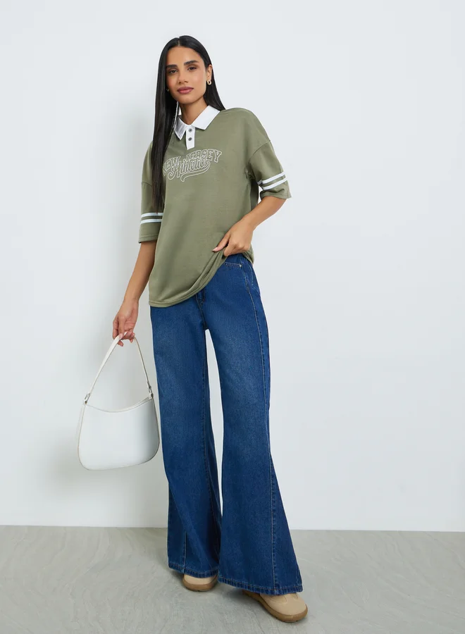 Styli Green Slogan Contrast Collar Oversized Polo T-Shirt