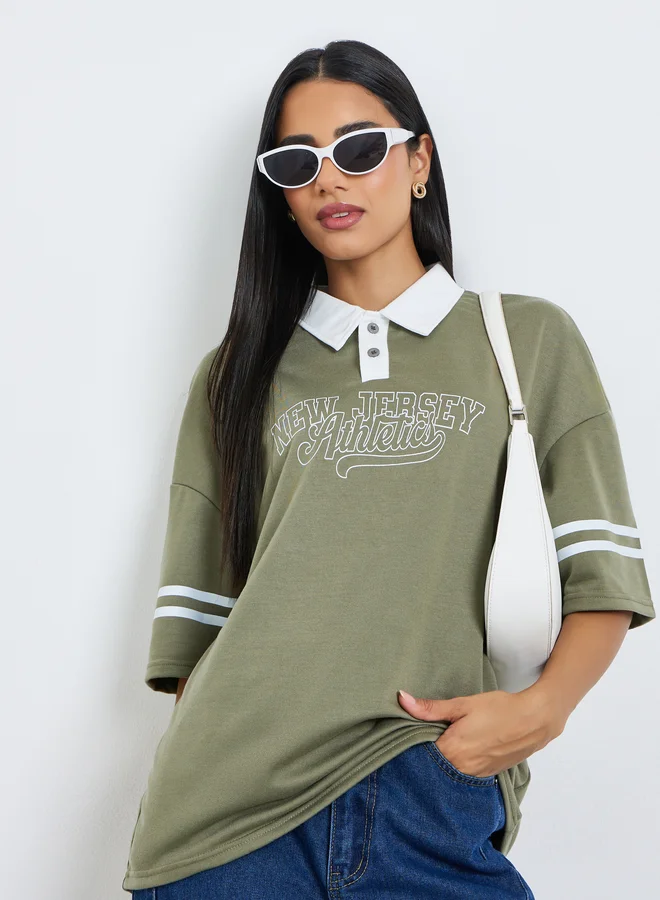 Styli Green Slogan Contrast Collar Oversized Polo T-Shirt