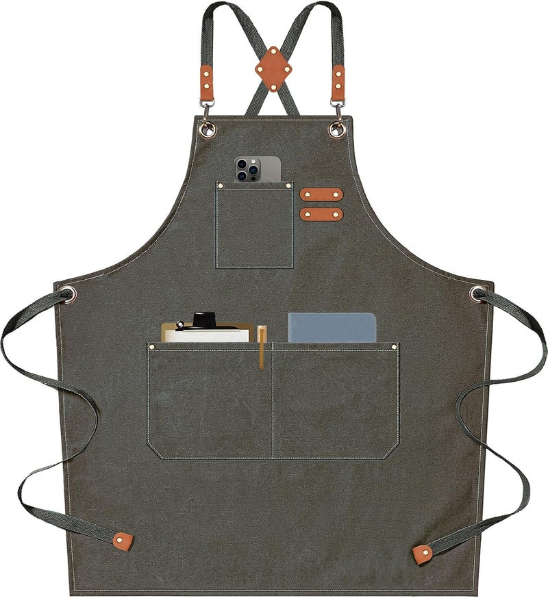 AFUN Chef Aprons for Men Women with Large Pockets, 16oz Cotton Canvas Cross Back Heavy Duty Work Apron (Grey Green) - Image 1