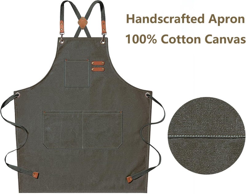 AFUN Chef Aprons for Men Women with Large Pockets, 16oz Cotton Canvas Cross Back Heavy Duty Work Apron (Grey Green) - Image 5