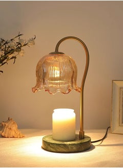 Onelight Tulip Shade Wax Lamp Candle Warmer Lamp with High Transparency Glass Stepless Dimming Rapid Melting Solid Wood Base Ideal for Home Decor and Aromatherapy, Green Marble Base, Tawny  - Image 2