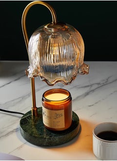 Onelight Tulip Shade Wax Lamp Candle Warmer Lamp with High Transparency Glass Stepless Dimming Rapid Melting Solid Wood Base Ideal for Home Decor and Aromatherapy, Green Marble Base, Tawny  - Image 3