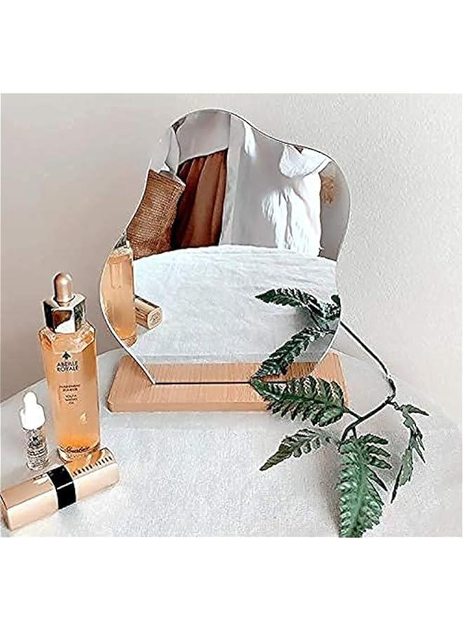 Irregular Aesthetic Vanity Mirror Frameless, Decorative Desk Tabletop Acrylic Mirrors with Wooden Stand for Living Room, Bedroom, Office and Minimal Spaces Home Decor - Cloud Shape - Image 1