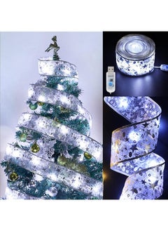 erorex Tree Decorations String Lights 32Ft 100 Led Lights Copper Wire Ribbon Bows Lights For Party Weddings Holiday Tree Decorations Width 5Cm Silvery Cold Light  - Image 1
