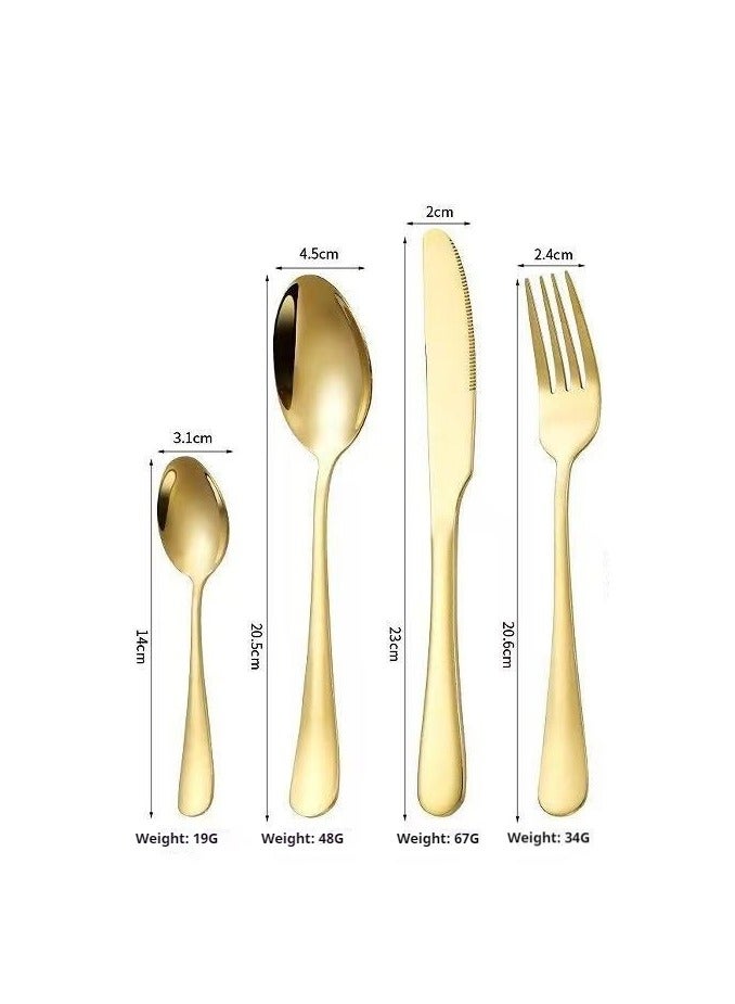 4-piece set of tableware, stainless steel knife and fork boxed tableware, gold tableware set, suitable for home kitchens, restaurants, hotels, gatherings, picnics, dining, 20cm gold color
