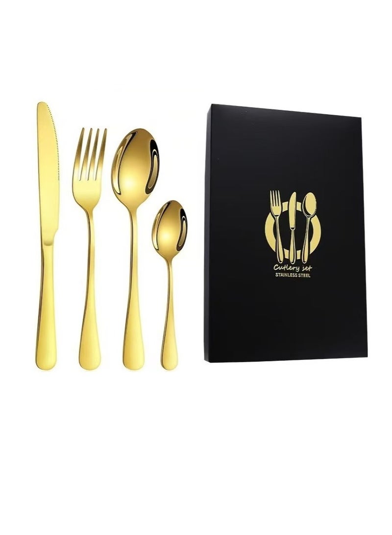 4-piece set of tableware, stainless steel knife and fork boxed tableware, gold tableware set, suitable for home kitchens, restaurants, hotels, gatherings, picnics, dining, 20cm gold color