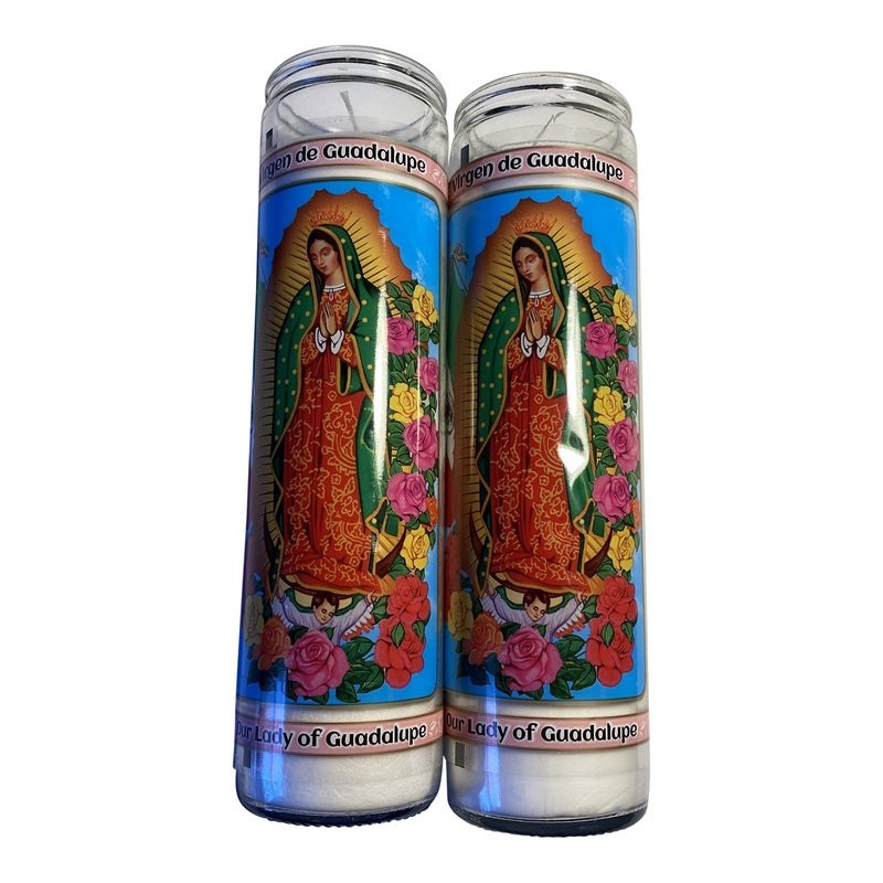 Veladora Virgen De Guadalupe White /// set of 2 Our Lady of Guadalupe Glass Prayer Candles, 8" - Image 2