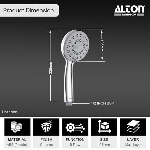 ALTON SHR22355 ABS, 4-INCH, 5-Function Hand Shower With 1.5 Meter Hose Pipe And Wall Hook, Silver - Image 3