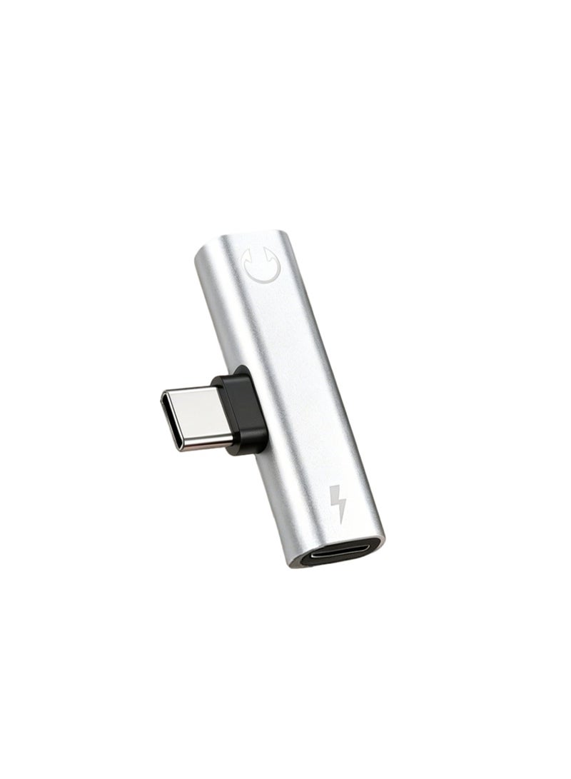 سانمودي محول ثنائي الوظائف من منفذ USB-C إلى USB-C ومنفذ سماعة رأس 3.5 ملم للشحن والصوت، يدعم الشحن السريع بقدرة 60 وات، المكالمات واستماع الموسيقى. متوافق مع آيفون 15 والإصدارات الأحدث، وسامسونج جالاكسي S21+ Ultra والموديلات اللاحقة. (اللون فضي) - Image 1