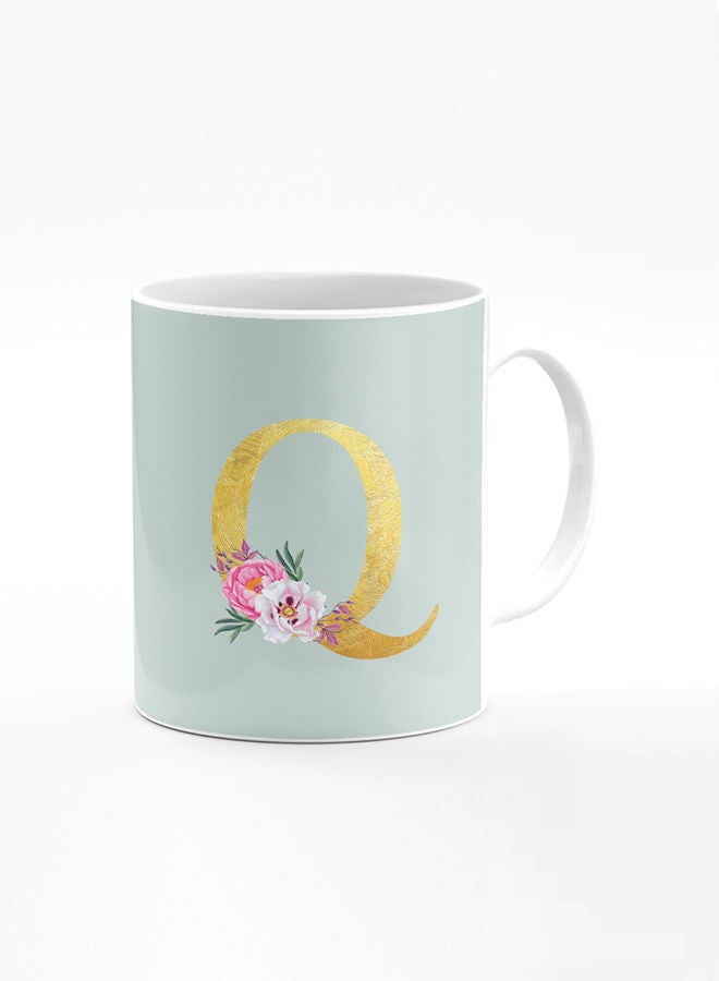 Designer Printed Coffee Mug 11oz Ceramic Personalised Gift Mugs Cup -Custom Monogram Initial Letter Floral Pattern Alphabet - Q (Light Green)