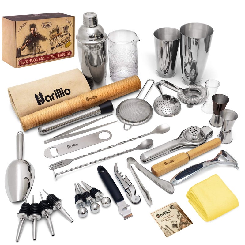 Barillio Bar Tool Set Pro Edition - Stainless-Steel Cocktail Shaker Set - Mixology Bartender Kit w/Boston Shaker, Drink Mixer & Muddler for Cocktails - Home Bar Accessories - 32-Pc Bar kit - Image 1