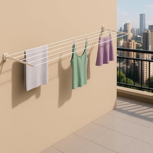 JIALTO Wall-Mounted Foldable Clothes Drying Rack | Heavy-Duty Indoor & Outdoor Dryer Stand | Space-Saving Design for Balcony, Laundry, or Utility Room – Black (White Drying Stand) - Image 3