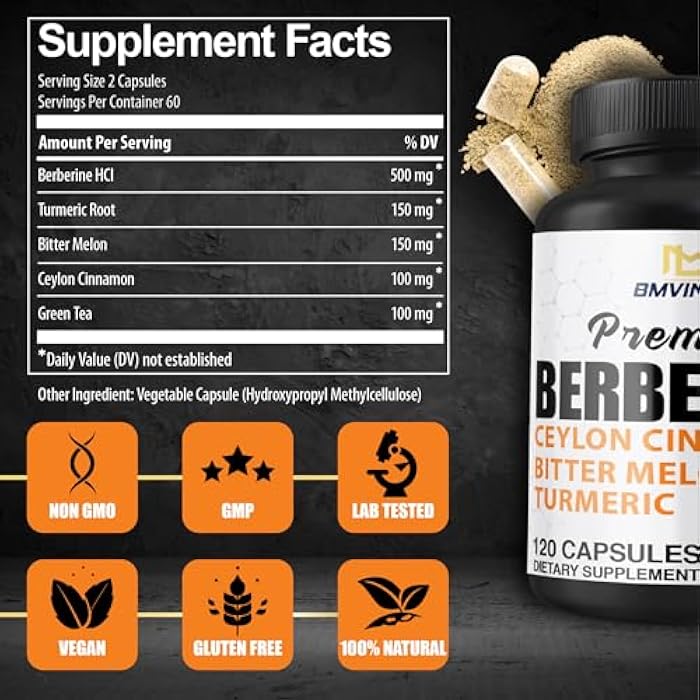 BMVINVOL Berberine HCl Supplement, Ceylon Cinnamon and Turmeric Capsules, Green Tea and Bitter Melon Capsules - 120 Capsules for 2 Month Supply - Image 2
