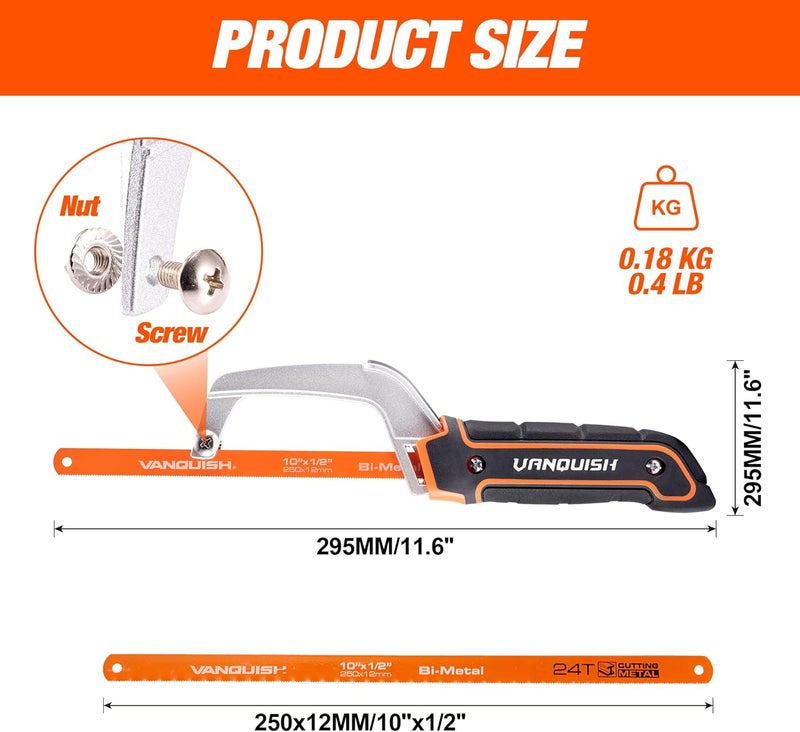 Vanquish Hacksaw, Compact Hand Operating Hack Saw with 10 Inch Aluminum Frame, Bi-Metal HSS Blades, Suitable for Wood and Metal Mini Hacksaw 4851 - Image 2