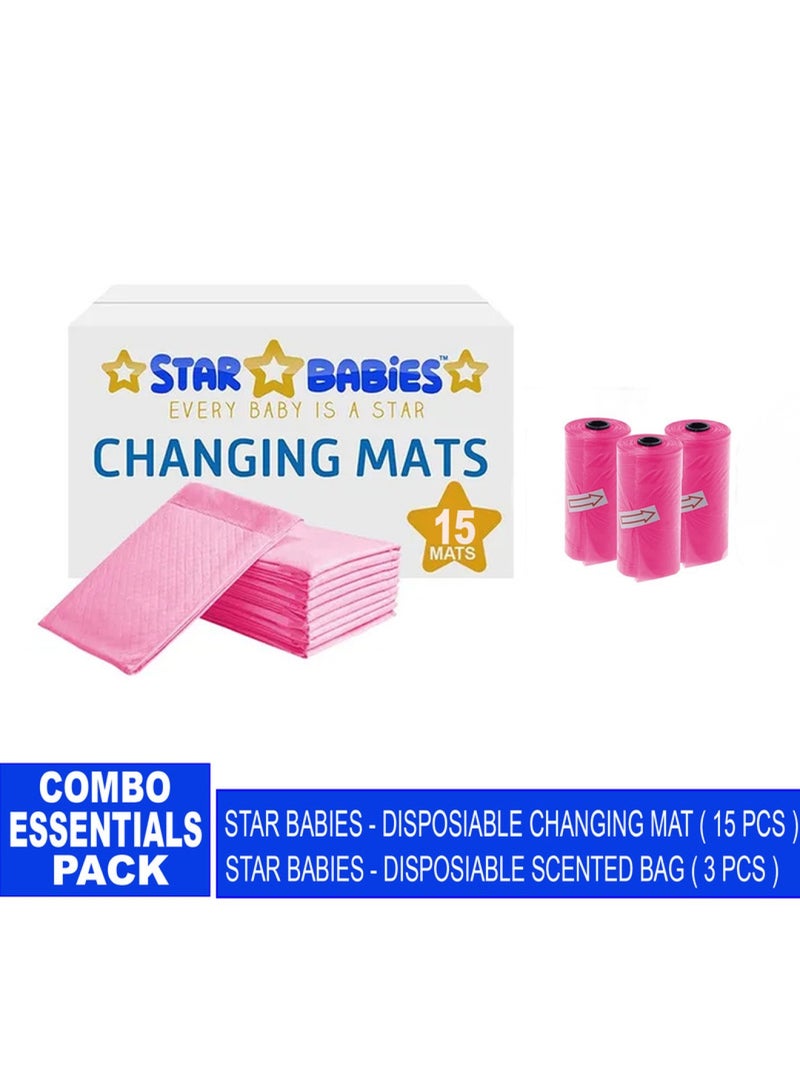 STAR BABiES Baby Essentials Pack Of 2 Changing Mat 15Pcs Scented Bag 3Pcs Pink - Image 1