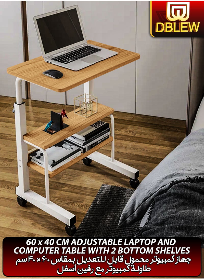 DBLEW - Adjustable Laptop Desk Office Home Computer End Table For Bedroom Living Room Writing Study Gaming Bed Sofa Side Stand with Dual-Tier Storage Rack Overbed Couch Snack Lazy Rolling Table 60x40cm - Image 1