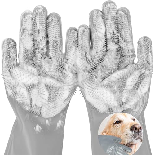 AKEISHE Dog Washing Gloves for Shedding & Bathing - 5-Finger Deshedding & Massage Gloves for Dogs & Cats, Reusable Heat-Resistant Silicone Brush Gloves, Gentle Hair Removal & Bathing Aid (Pair) (Grey) - Image 1