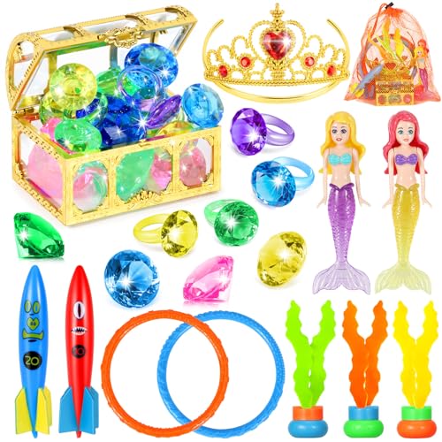 VGOFUN Diving Pool Toys for Kids Ages 312 21 Pcs Mermaid Pool Toys with Golden Pirate Treasure Chest Summer Underwater Game Toys Pool Dive Torped Rings Gems Swim Toy with Storage Bag for Girls Boys - Image 1