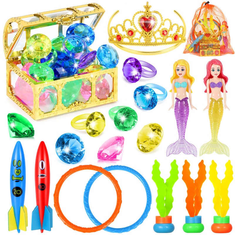 VGOFUN Diving Pool Toys for Kids Ages 312 21 Pcs Mermaid Pool Toys with Golden Pirate Treasure Chest Summer Underwater Game Toys Pool Dive Torped Rings Gems Swim Toy with Storage Bag for Girls Boys - Image 3