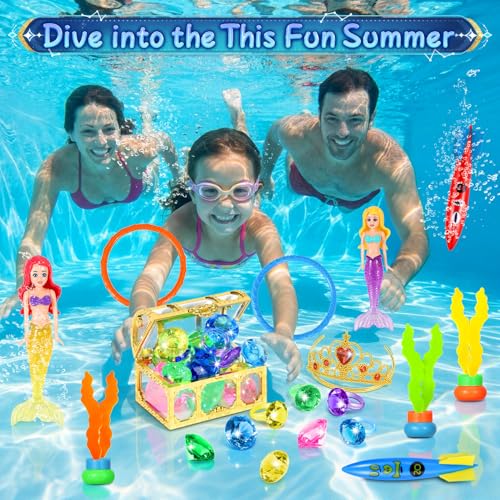 VGOFUN Diving Pool Toys for Kids Ages 312 21 Pcs Mermaid Pool Toys with Golden Pirate Treasure Chest Summer Underwater Game Toys Pool Dive Torped Rings Gems Swim Toy with Storage Bag for Girls Boys - Image 5