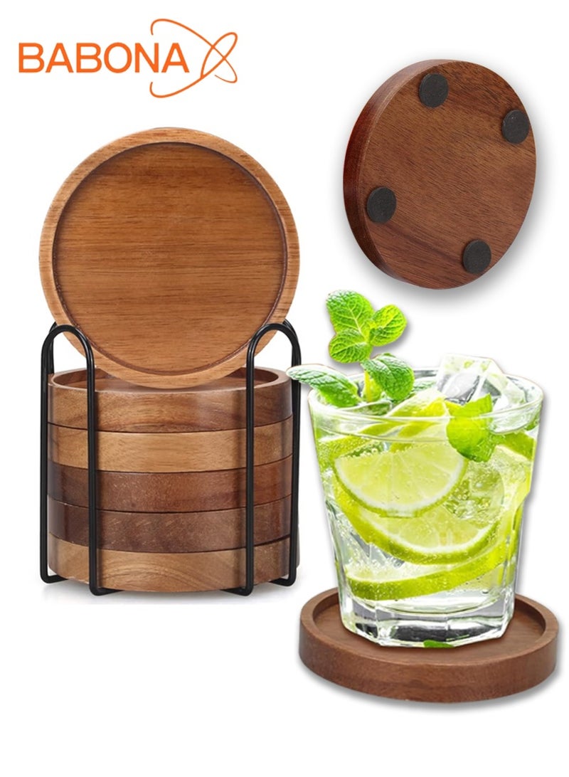 BABONA 6 Pcs Best Wooden Coasters with Holder Coffee Table Decor Acacia Wood Coaster Set Modern Cup Coaster for Drink Home Dining Table Kitchen Accessories Cute Beer Bar Decorative Rustic Outdoor Coasters - Image 1