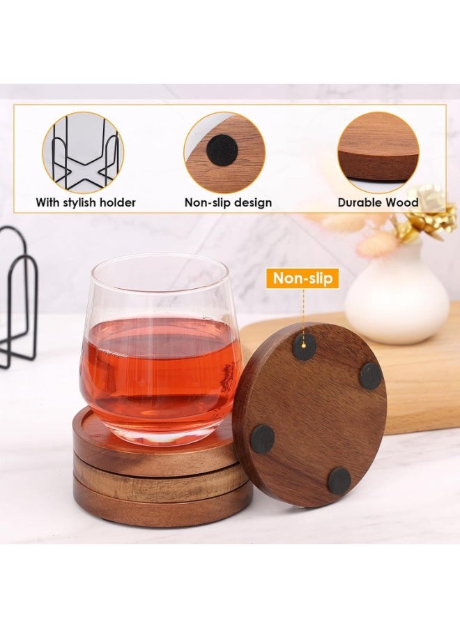 BABONA 6 Pcs Best Wooden Coasters with Holder Coffee Table Decor Acacia Wood Coaster Set Modern Cup Coaster for Drink Home Dining Table Kitchen Accessories Cute Beer Bar Decorative Rustic Outdoor Coasters - Image 5