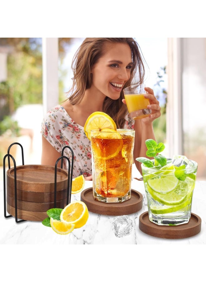 BABONA 6 Pcs Best Wooden Coasters with Holder Coffee Table Decor Acacia Wood Coaster Set Modern Cup Coaster for Drink Home Dining Table Kitchen Accessories Cute Beer Bar Decorative Rustic Outdoor Coasters - Image 3
