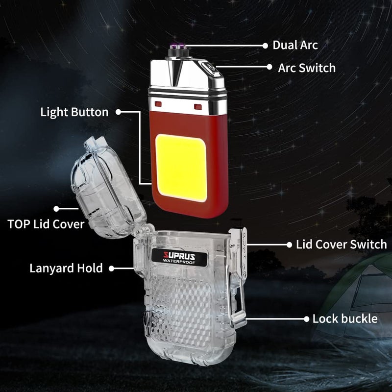 SUPRUS Waterproof 3 Modes of Flashlight Windproof Lighter Dual Arc Electric Rechargeable Dual Arc Plasma Lighter with Survival Emergency Whistle and Lanyard (Red) - Image 2
