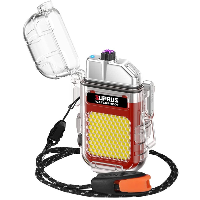 SUPRUS Waterproof 3 Modes of Flashlight Windproof Lighter Dual Arc Electric Rechargeable Dual Arc Plasma Lighter with Survival Emergency Whistle and Lanyard (Red) - Image 1