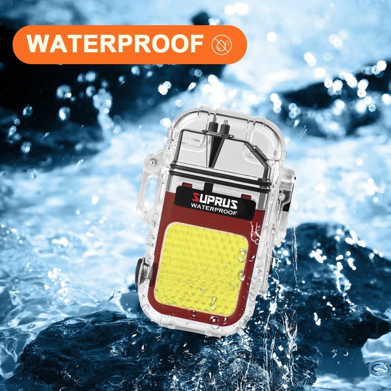 SUPRUS Waterproof 3 Modes of Flashlight Windproof Lighter Dual Arc Electric Rechargeable Dual Arc Plasma Lighter with Survival Emergency Whistle and Lanyard (Red) - Image 4