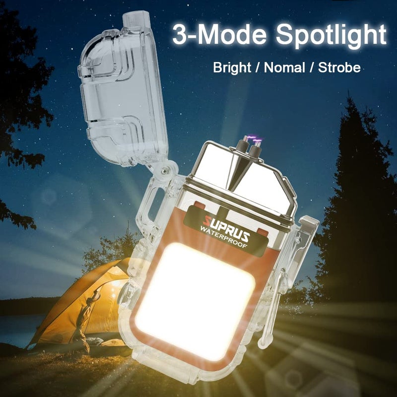 SUPRUS Waterproof 3 Modes of Flashlight Windproof Lighter Dual Arc Electric Rechargeable Dual Arc Plasma Lighter with Survival Emergency Whistle and Lanyard (Red) - Image 3